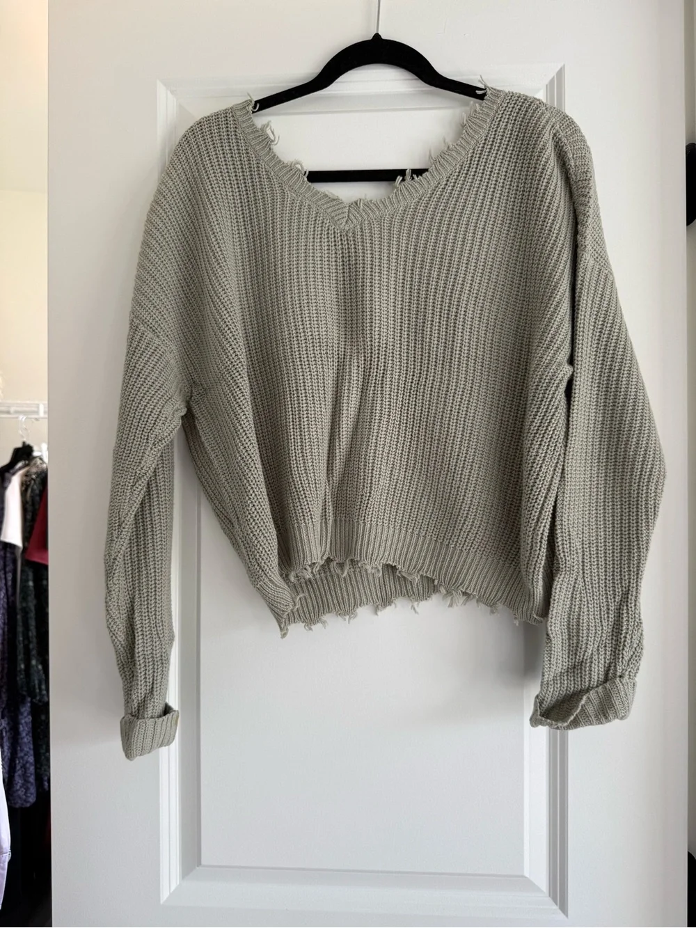 Distressed V-Neck Women’s Sweater in Light Gray/Green